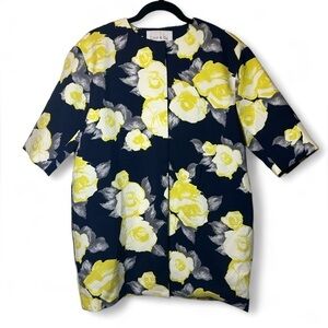 Lucy & Co. Women Size M Navy Yellow‎ Floral Quilted Hidden Snap Closure Jacket